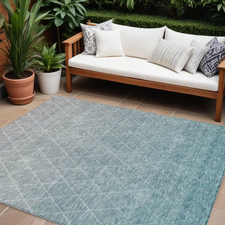 10' X 14' Teal Blue And Gray Geometric Washable Indoor Outdoor Area Rug