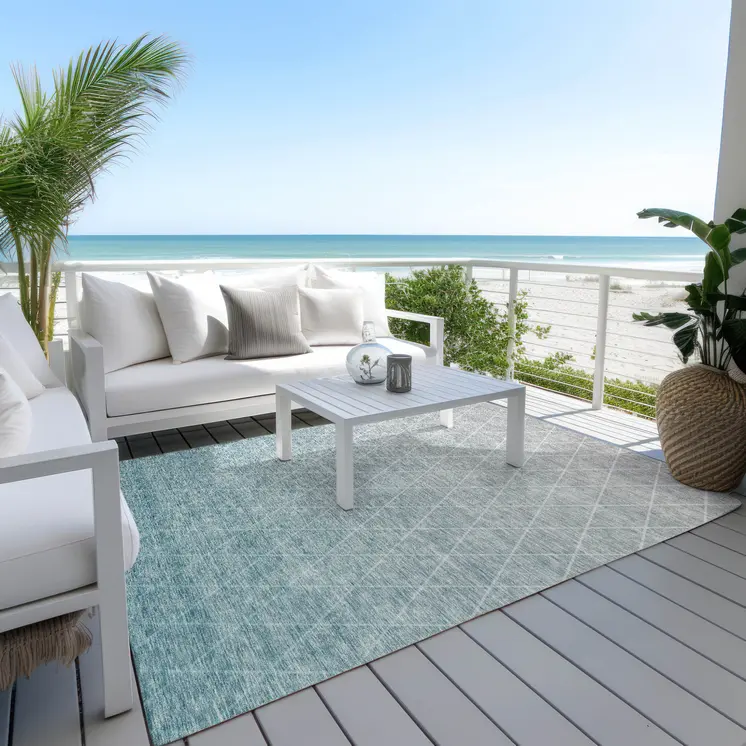 10' X 14' Teal Blue And Gray Geometric Washable Indoor Outdoor Area Rug