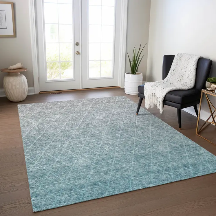 10' X 14' Teal Blue And Gray Geometric Washable Indoor Outdoor Area Rug