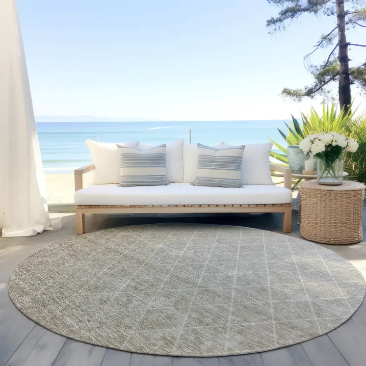 8' Taupe And Gray Round Geometric Washable Indoor Outdoor Area Rug