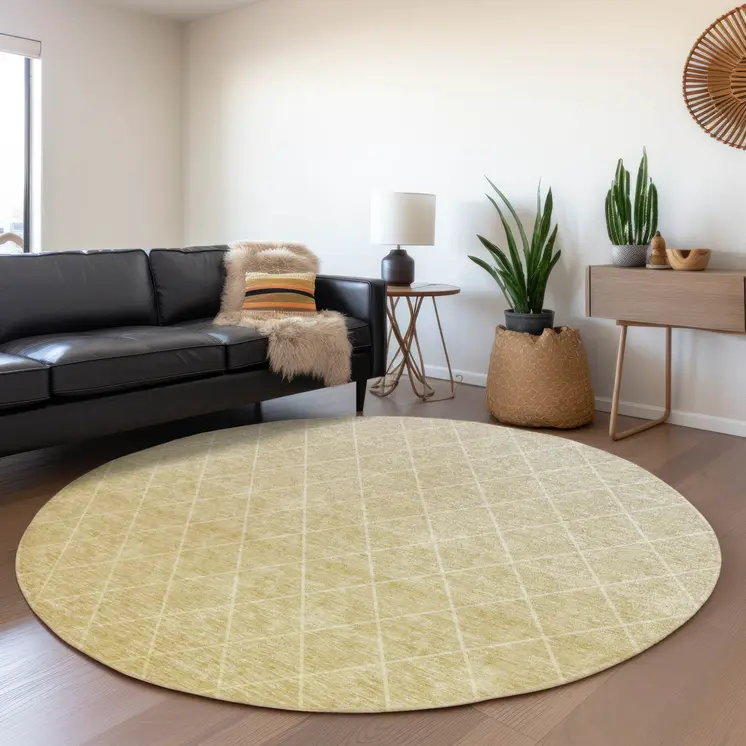 8' Wheat And Beige Round Geometric Washable Indoor Outdoor Area Rug