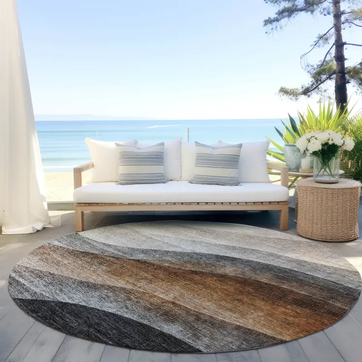 8' Khaki Black And Terra Cotta Round Abstract Washable Indoor Outdoor Area Rug