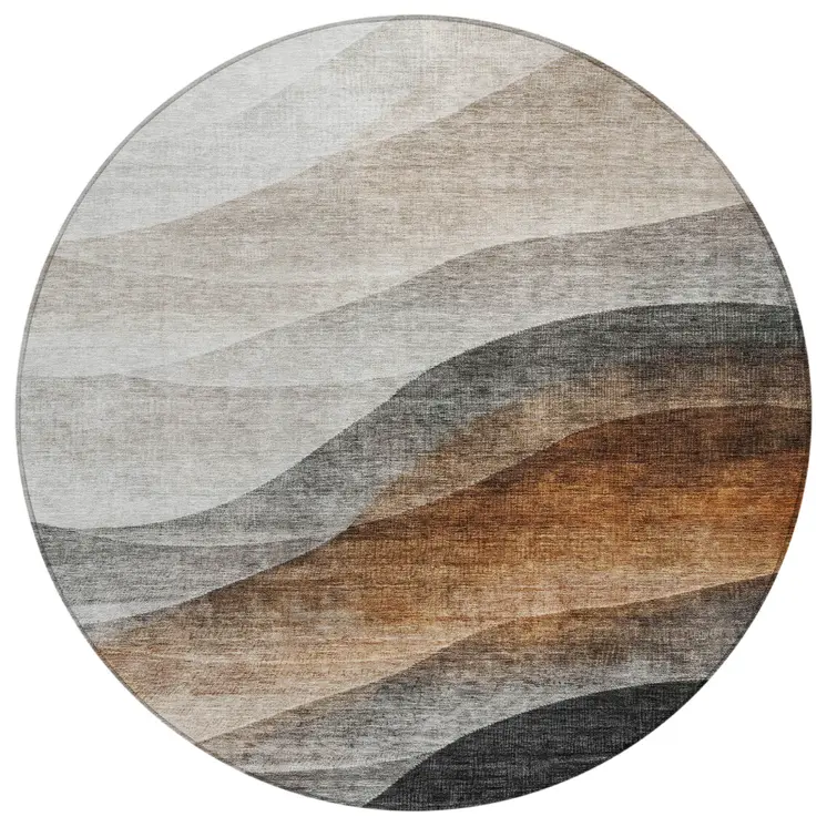 8' Khaki Black And Terra Cotta Round Abstract Washable Indoor Outdoor Area Rug