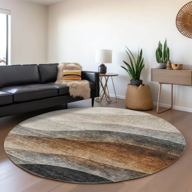8' Khaki Black And Terra Cotta Round Abstract Washable Indoor Outdoor Area Rug