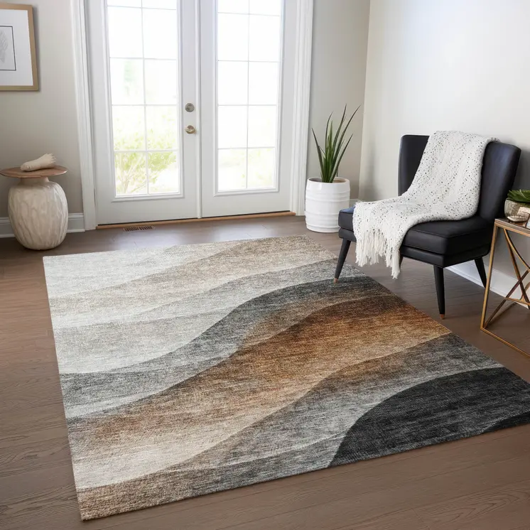 9' X 12' Khaki Black And Terra Cotta Abstract Washable Indoor Outdoor Area Rug