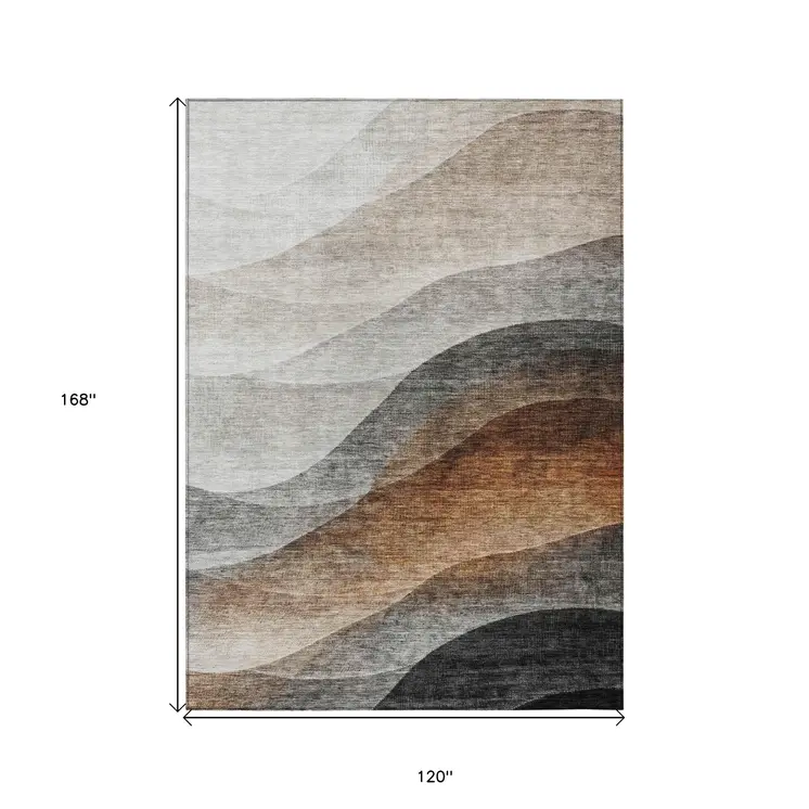 10' X 14' Khaki Black And Terra Cotta Abstract Washable Indoor Outdoor Area Rug