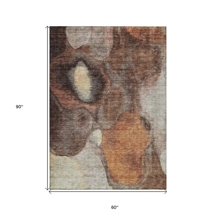 5' X 8' Coffee Copper And Beige Abstract Washable Indoor Outdoor Area Rug