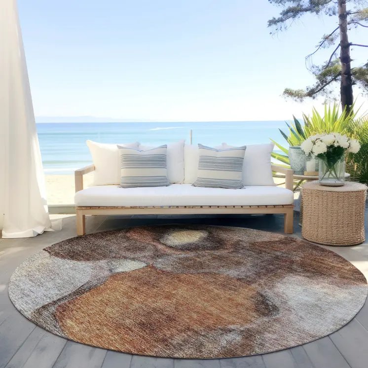 8' Coffee Copper And Beige Round Abstract Washable Indoor Outdoor Area Rug