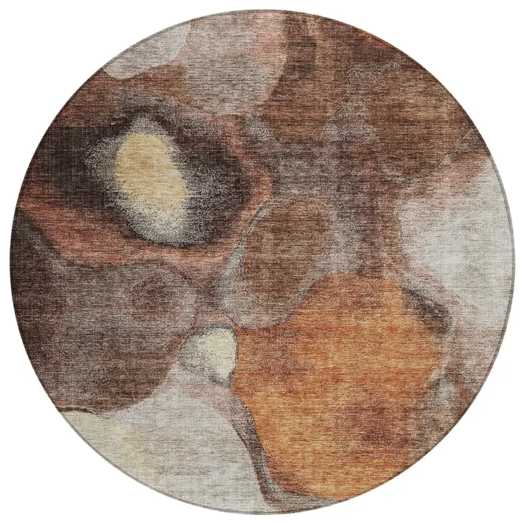 8' Coffee Copper And Beige Round Abstract Washable Indoor Outdoor Area Rug