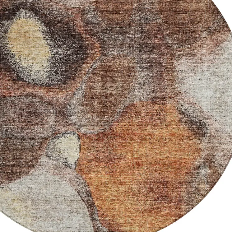 8' Coffee Copper And Beige Round Abstract Washable Indoor Outdoor Area Rug