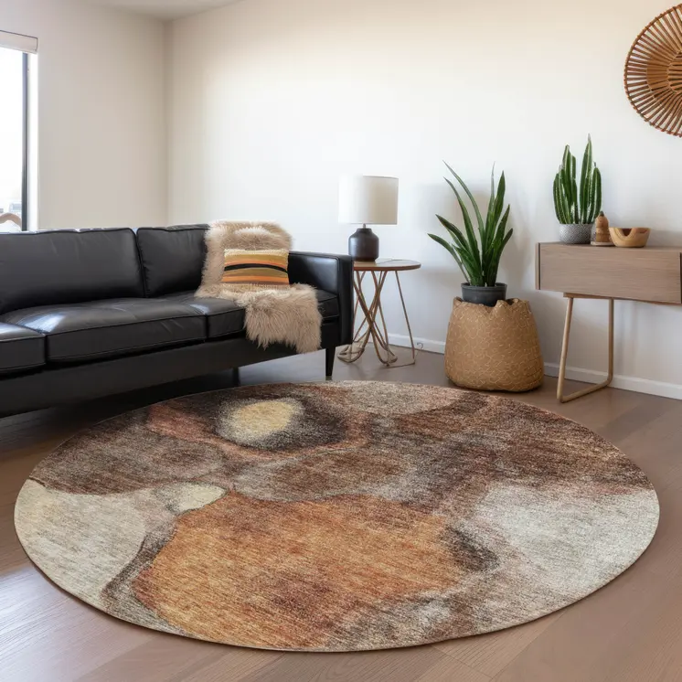 8' Coffee Copper And Beige Round Abstract Washable Indoor Outdoor Area Rug