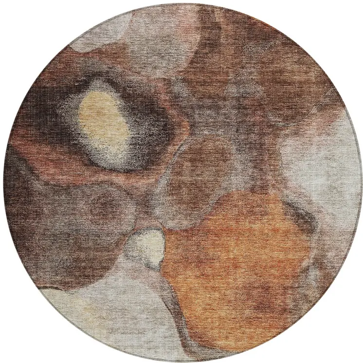 8' Coffee Copper And Beige Round Abstract Washable Indoor Outdoor Area Rug