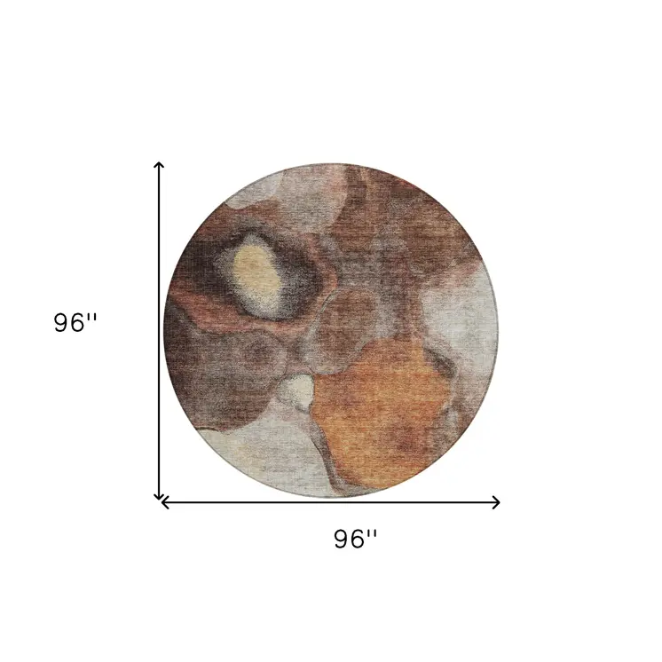 8' Coffee Copper And Beige Round Abstract Washable Indoor Outdoor Area Rug