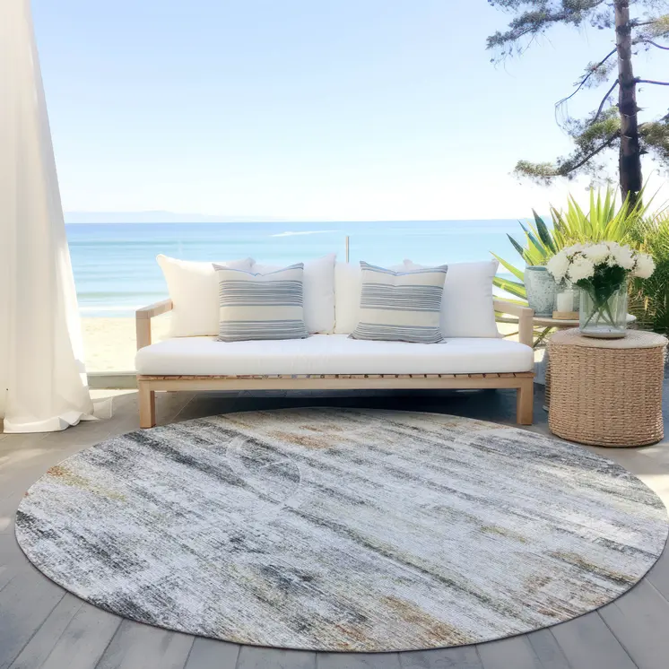8' Silver Copper And Ivory Round Geometric Washable Indoor Outdoor Area Rug