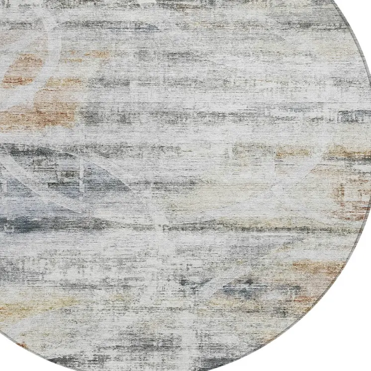 8' Silver Copper And Ivory Round Geometric Washable Indoor Outdoor Area Rug