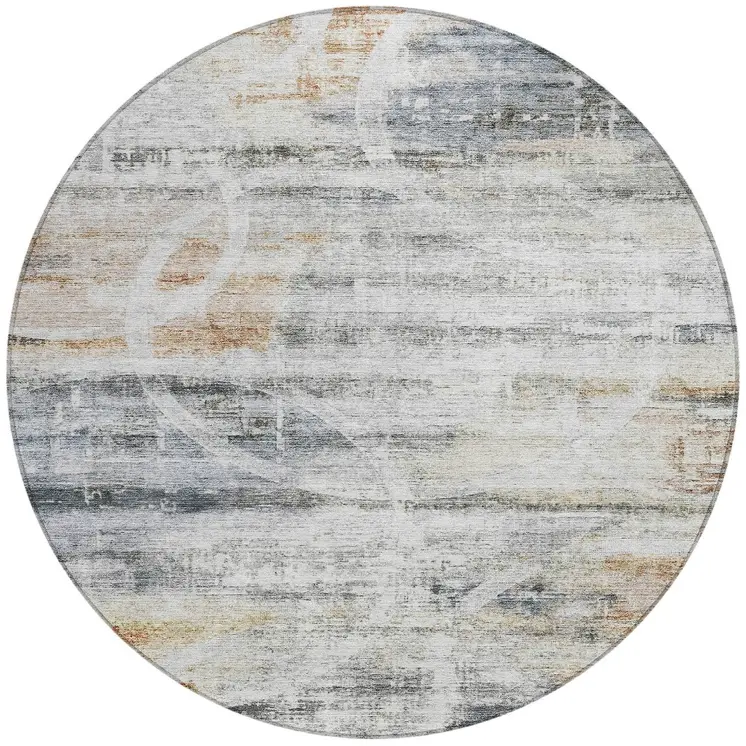 8' Silver Copper And Ivory Round Geometric Washable Indoor Outdoor Area Rug