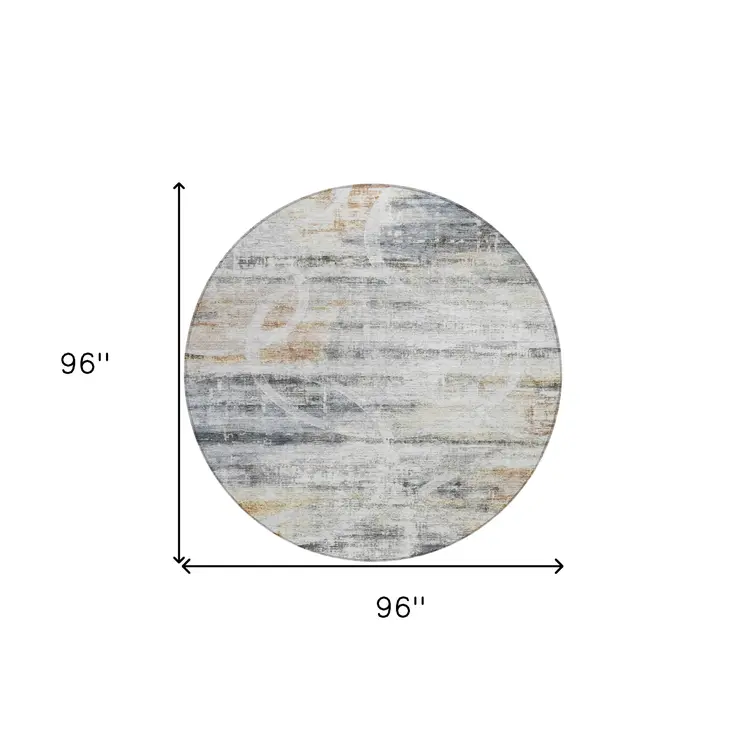 8' Silver Copper And Ivory Round Geometric Washable Indoor Outdoor Area Rug