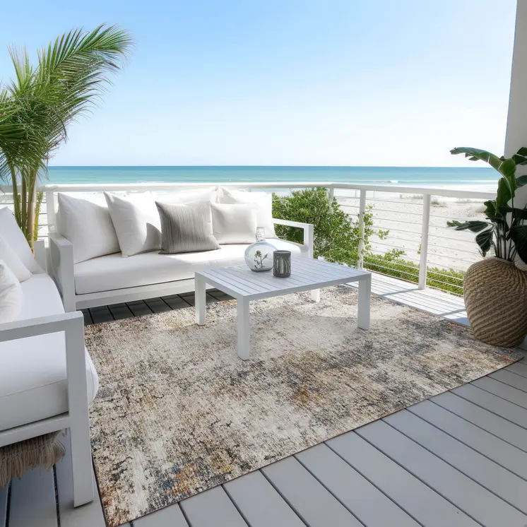 3' X 5' Ivory Blue And Copper Abstract Washable Indoor Outdoor Area Rug