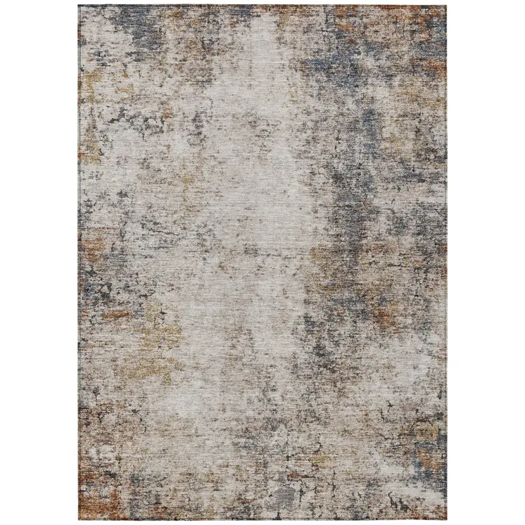 3' X 5' Ivory Blue And Copper Abstract Washable Indoor Outdoor Area Rug