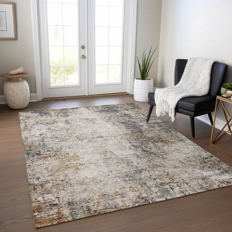 3' X 5' Ivory Blue And Copper Abstract Washable Indoor Outdoor Area Rug