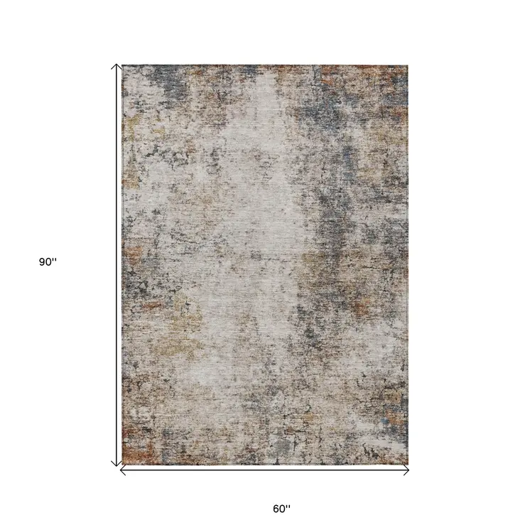 5' X 8' Ivory Blue And Copper Abstract Washable Indoor Outdoor Area Rug