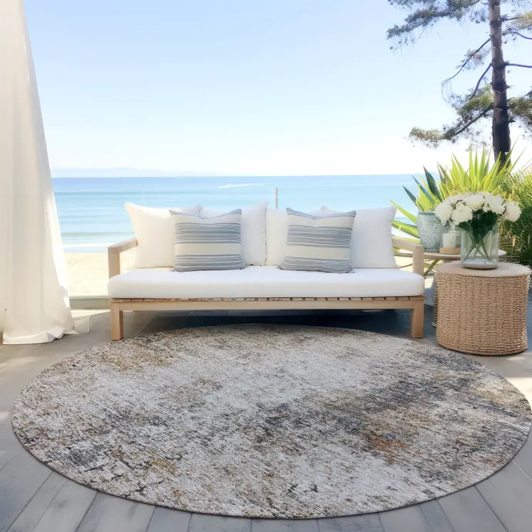 8' Ivory Blue And Copper Round Abstract Washable Indoor Outdoor Area Rug