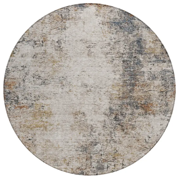8' Ivory Blue And Copper Round Abstract Washable Indoor Outdoor Area Rug