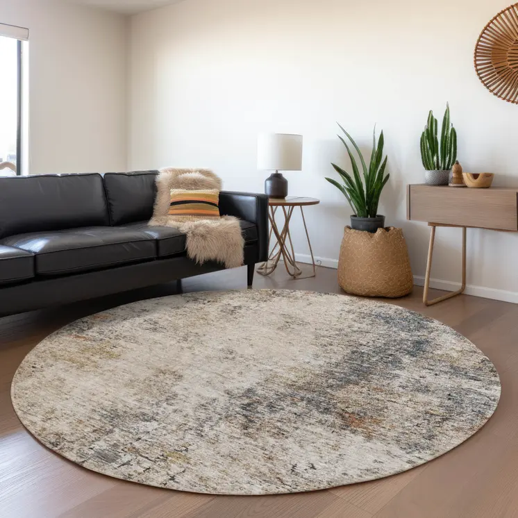 8' Ivory Blue And Copper Round Abstract Washable Indoor Outdoor Area Rug