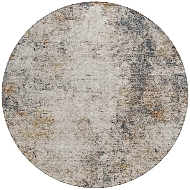 8' Ivory Blue And Copper Round Abstract Washable Indoor Outdoor Area Rug