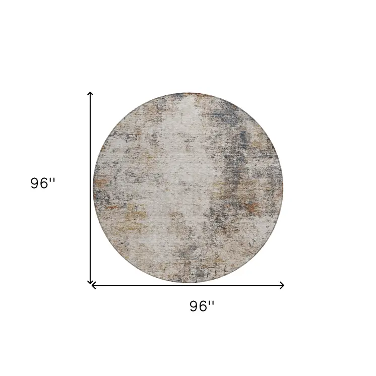 8' Ivory Blue And Copper Round Abstract Washable Indoor Outdoor Area Rug