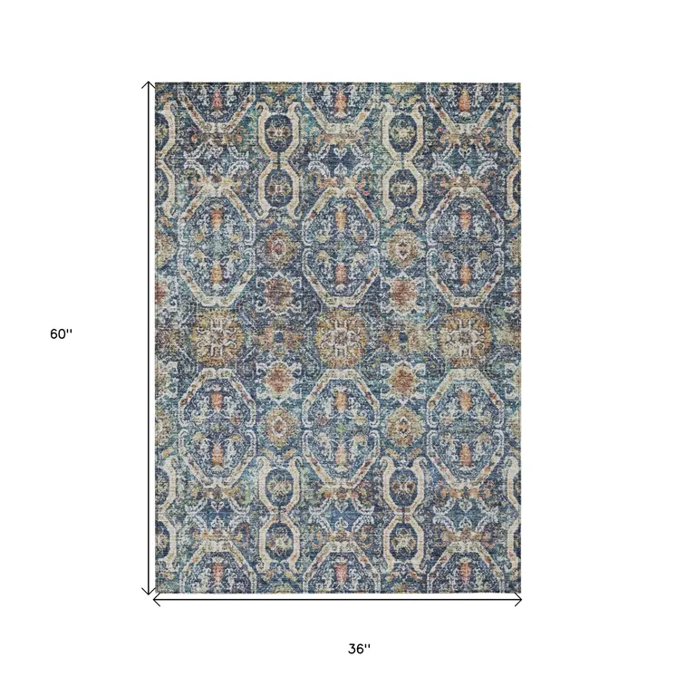 3' X 5' Denim Blue Beige And Brown Floral Washable Indoor Outdoor Area Rug