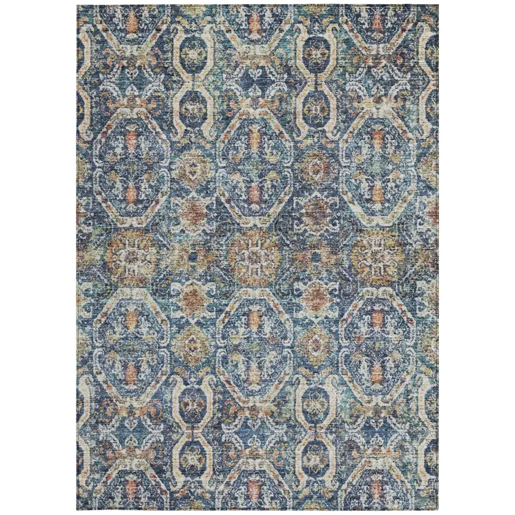 5' X 8' Denim Blue Beige And Brown Floral Washable Indoor Outdoor Area Rug