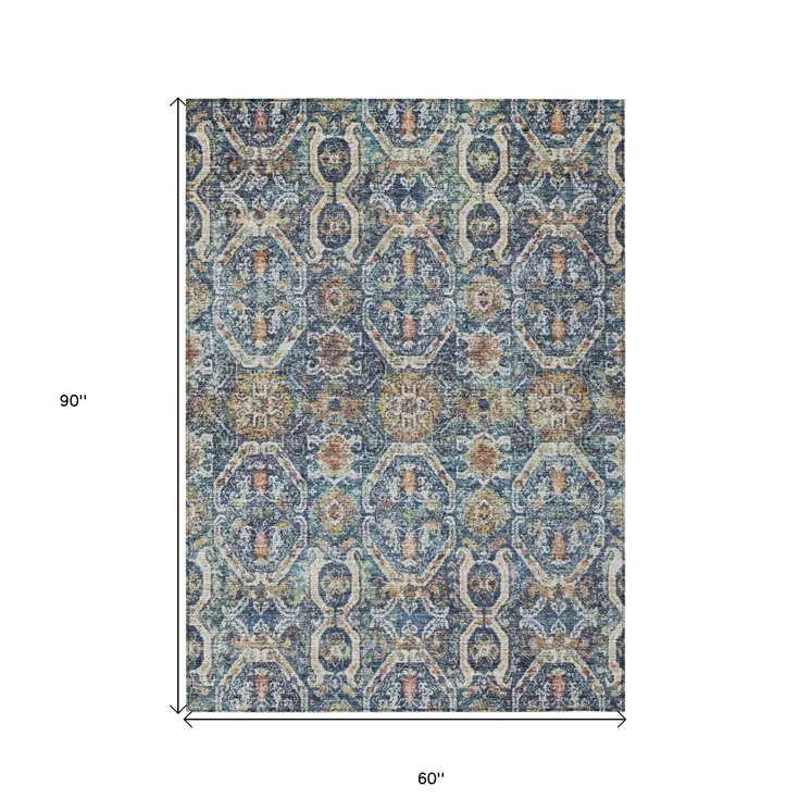 5' X 8' Denim Blue Beige And Brown Floral Washable Indoor Outdoor Area Rug