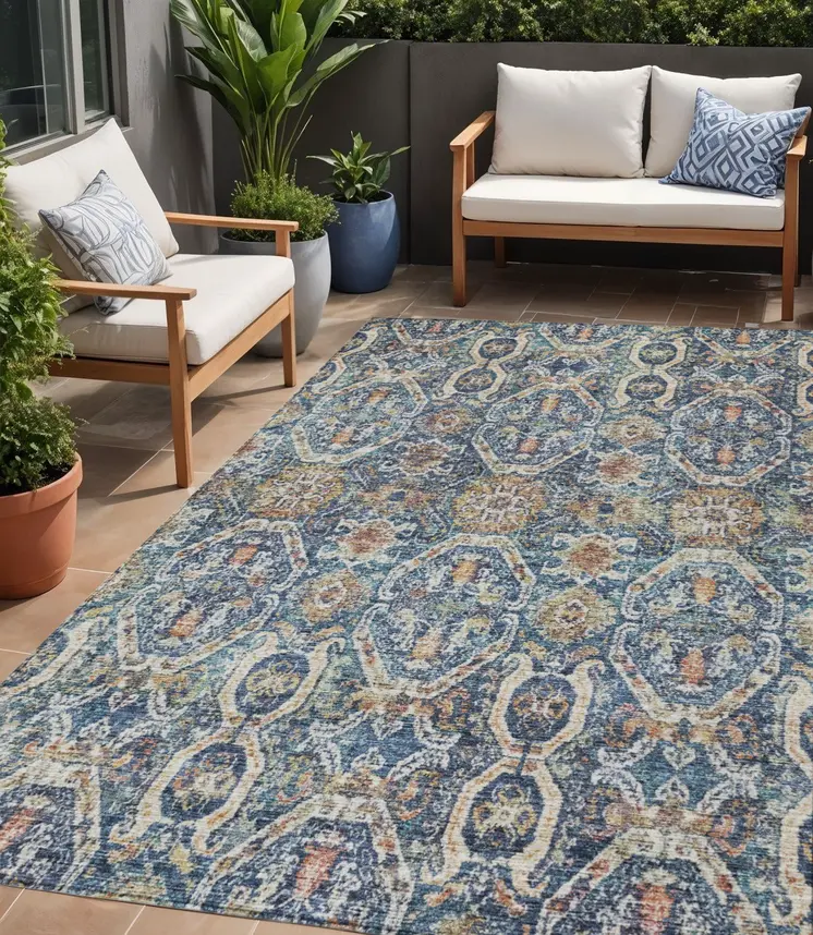 5' X 8' Denim Blue Beige And Brown Floral Washable Indoor Outdoor Area Rug