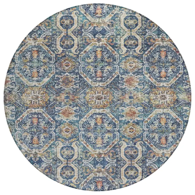 8' Denim Blue Beige And Brown Round Floral Washable Indoor Outdoor Area Rug