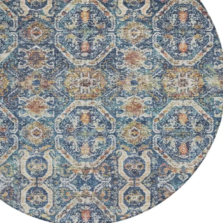 8' Denim Blue Beige And Brown Round Floral Washable Indoor Outdoor Area Rug