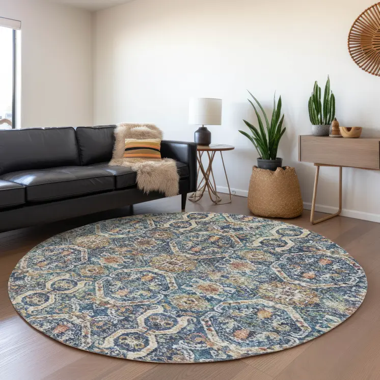 8' Denim Blue Beige And Brown Round Floral Washable Indoor Outdoor Area Rug