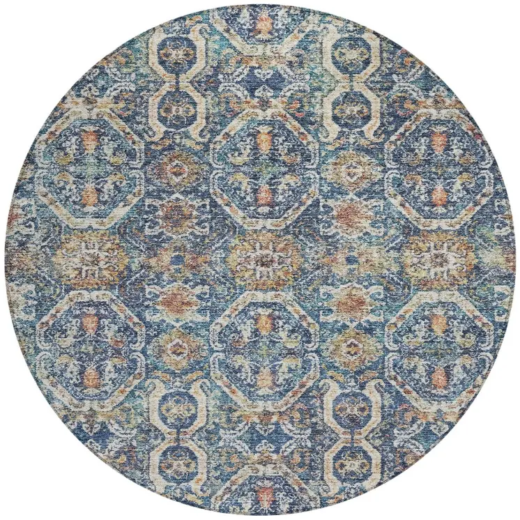 8' Denim Blue Beige And Brown Round Floral Washable Indoor Outdoor Area Rug