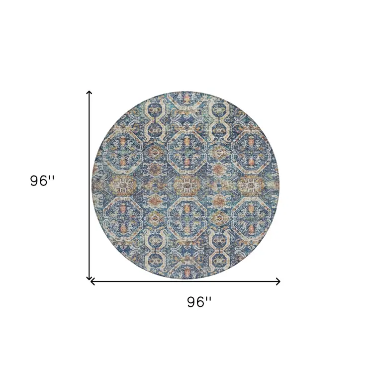 8' Denim Blue Beige And Brown Round Floral Washable Indoor Outdoor Area Rug