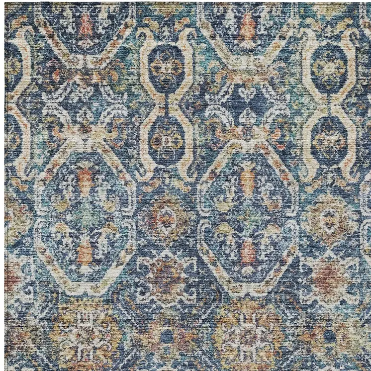 8' X 10' Denim Blue Beige And Brown Floral Washable Indoor Outdoor Area Rug