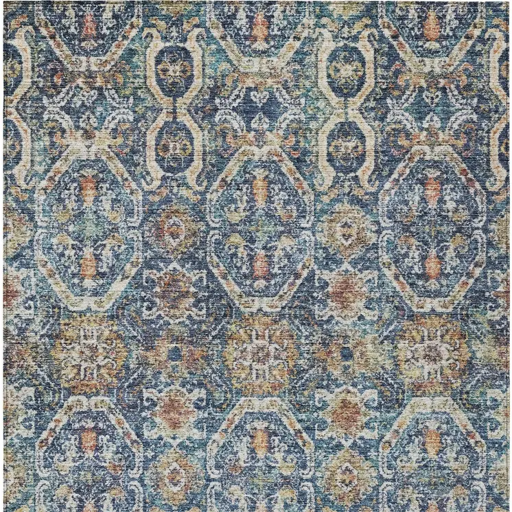 9' X 12' Denim Blue Beige And Brown Floral Washable Indoor Outdoor Area Rug