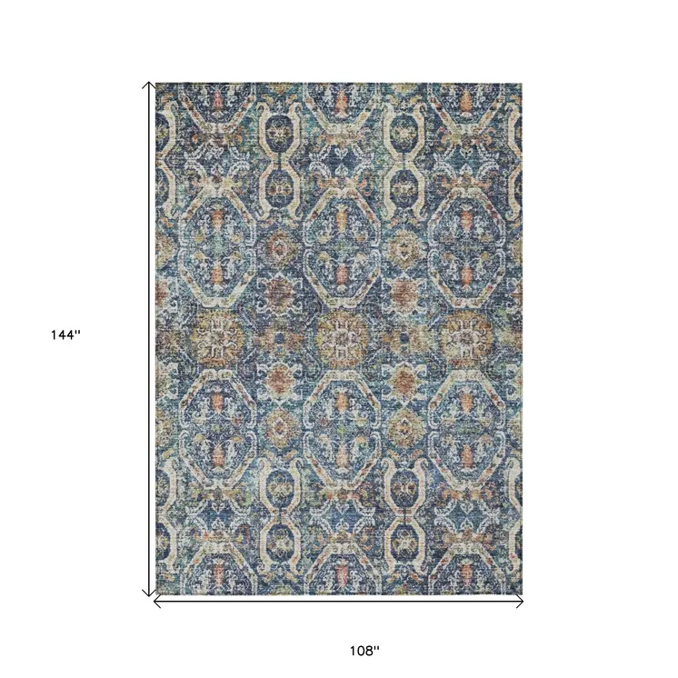 9' X 12' Denim Blue Beige And Brown Floral Washable Indoor Outdoor Area Rug