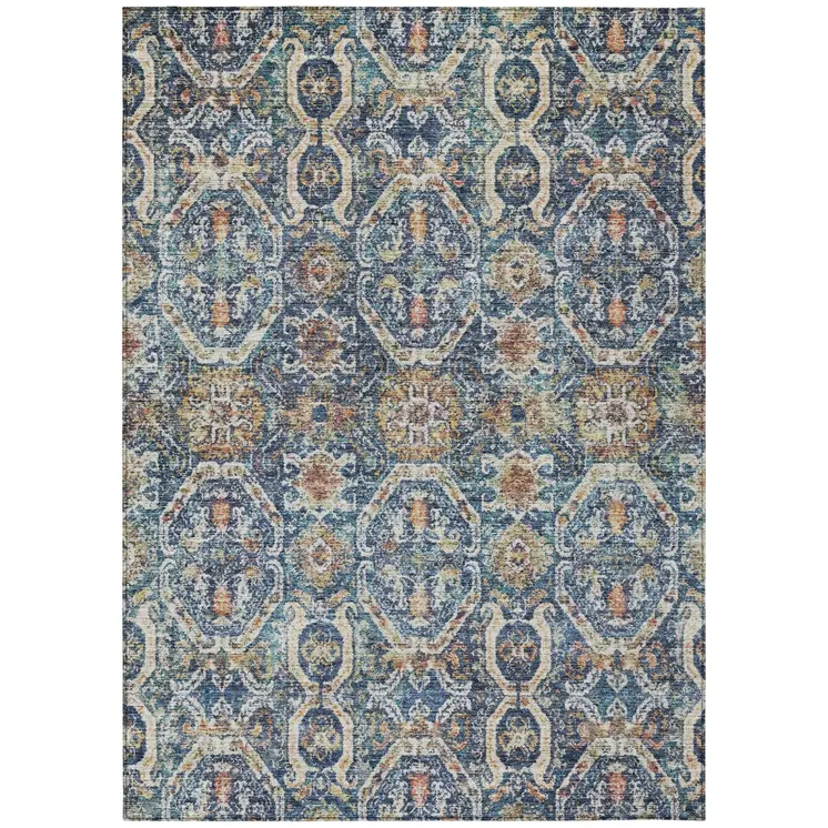 9' X 12' Denim Blue Beige And Brown Floral Washable Indoor Outdoor Area Rug