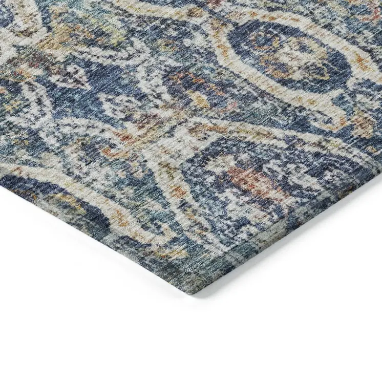 9' X 12' Denim Blue Beige And Brown Floral Washable Indoor Outdoor Area Rug