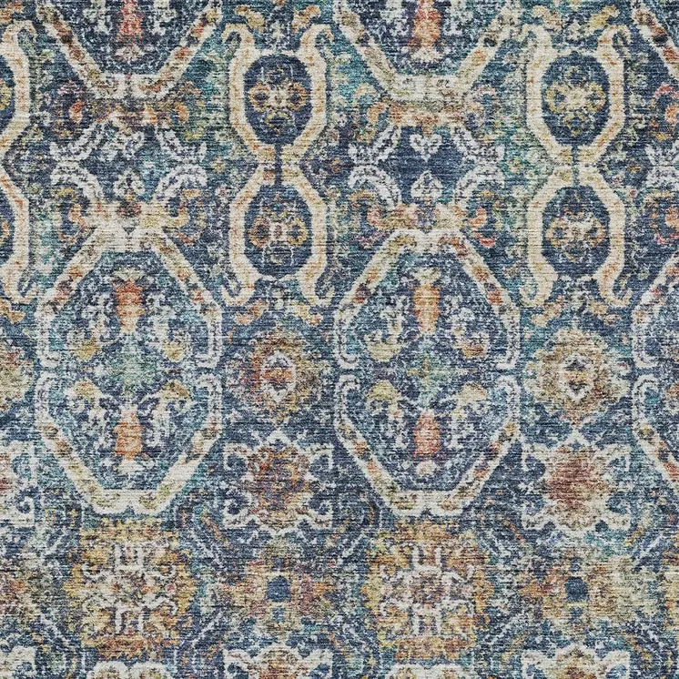 9' X 12' Denim Blue Beige And Brown Floral Washable Indoor Outdoor Area Rug