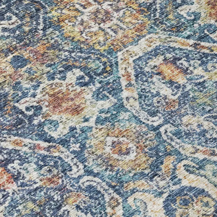 9' X 12' Denim Blue Beige And Brown Floral Washable Indoor Outdoor Area Rug