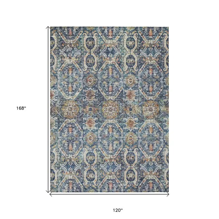 10' X 14' Denim Blue Beige And Brown Floral Washable Indoor Outdoor Area Rug