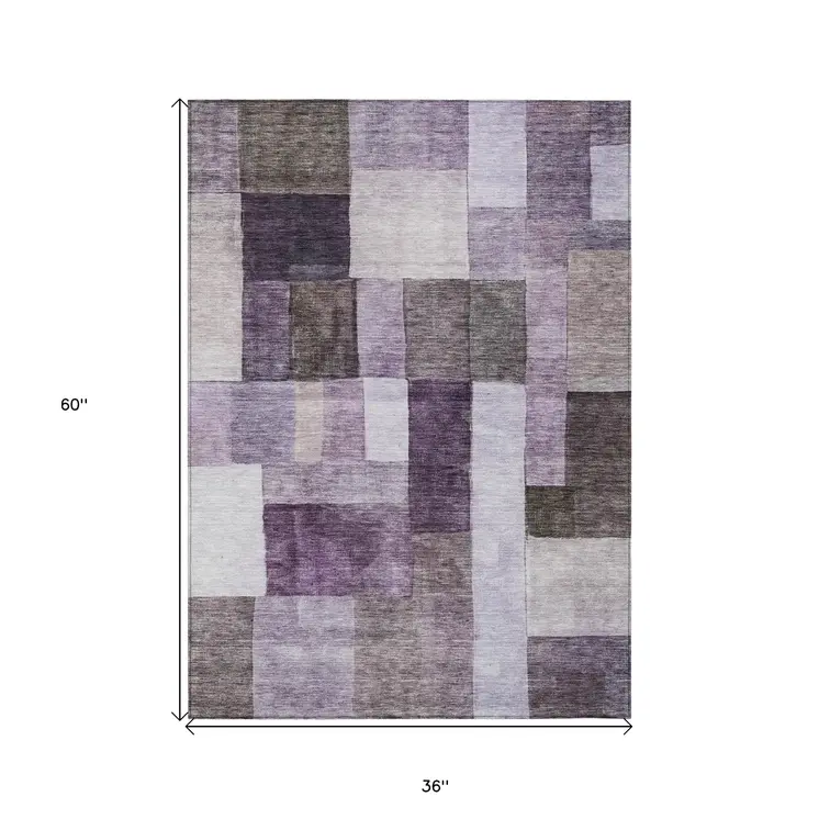 3' X 5' Eggplant Black And Lavender Geometric Washable Indoor Outdoor Area Rug