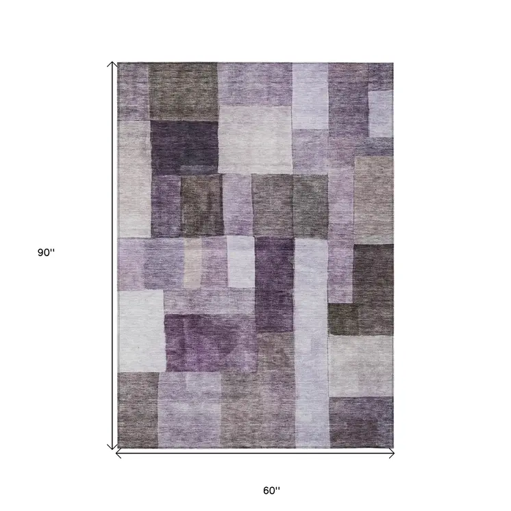 5' X 8' Eggplant Black And Lavender Geometric Washable Indoor Outdoor Area Rug