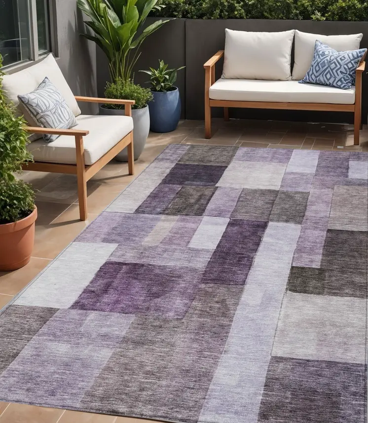 5' X 8' Eggplant Black And Lavender Geometric Washable Indoor Outdoor Area Rug